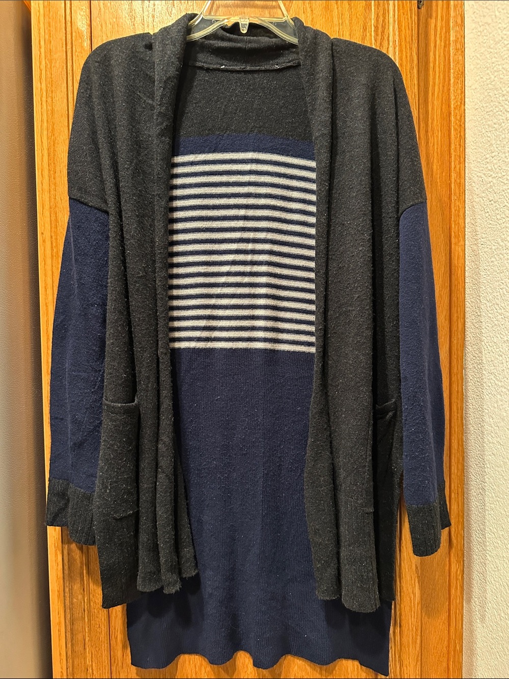 Three Dots Black & Navy Colorblock Cardigan Sweater with Striped Back Panel Sz M